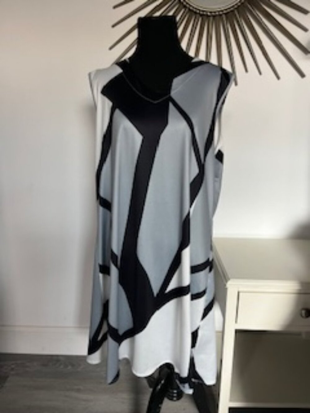 🧡3/15 Geometric Pattern Sleeveless Tank Mini Dress Black Gray White Women's XL